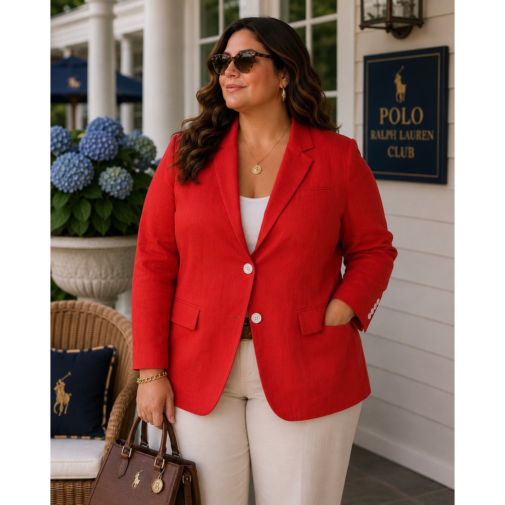 LAUREN Ralph Lauren Single Breasted 2 Button‎ Linen Blazer Deco Coral Red 18W